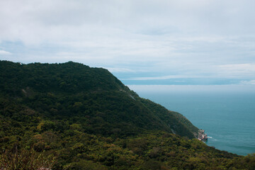 Tropical mountain slope covered in dense jungle vegetation, partially lit by dramatic sunlight