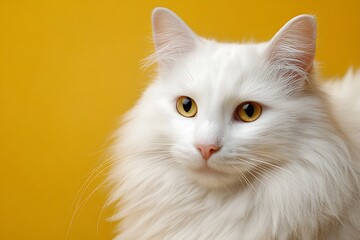 Portrait of fluffy white cat on yellow background.
