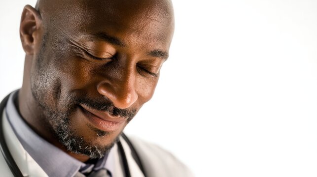 Compassionate doctor portrait with reflective gaze and gentle, empathetic expression