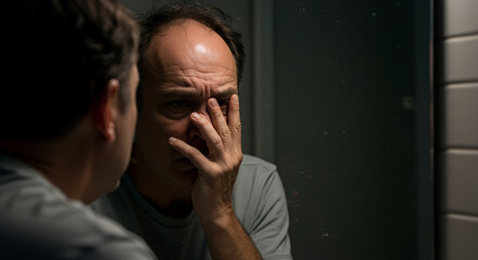 Middle-aged man covering part of his face in the mirror, showing stress and inner turmoil