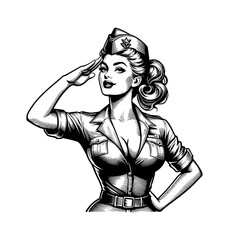 Pinup Woman Saluting in Military Uniform with Confident Expression and Vintage Engrave Style