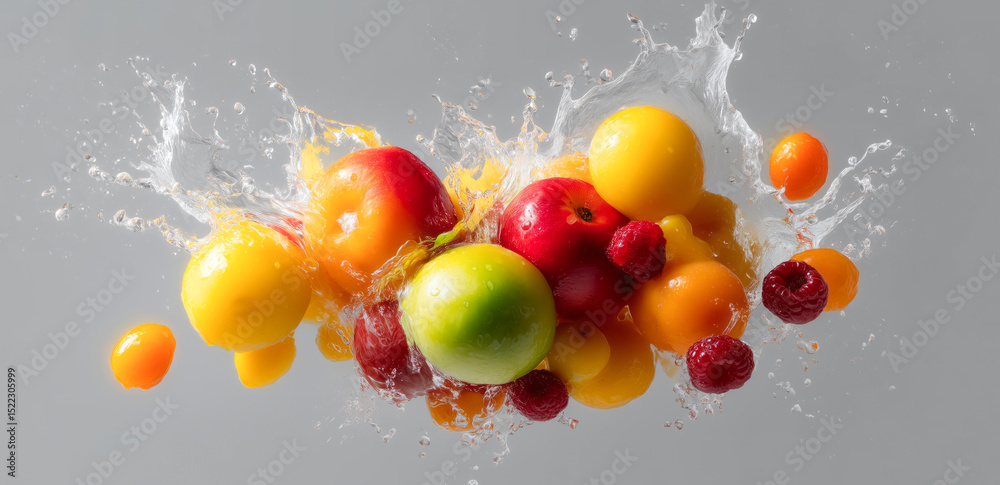 Poster a dynamic arrangement of various fruits including apples, lemons, and berries splashes joyfully in w