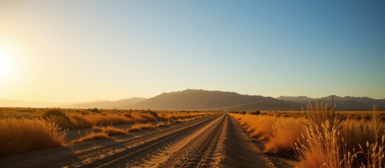 Vast landscape with a dirt road, golden grasses and a serene sky at sunset.