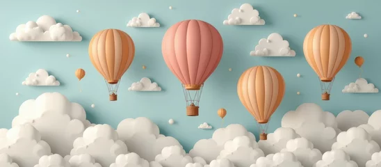 Poster Colorful hot air balloons floating among fluffy clouds in a serene sky.