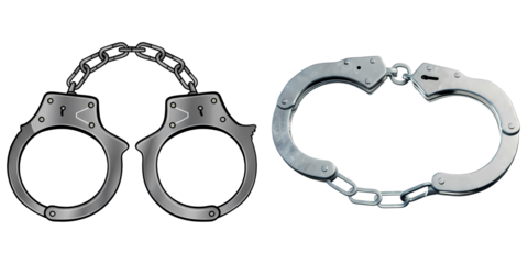 PNG Two metallic handcuffs with chains displayed on a transparent canvas.