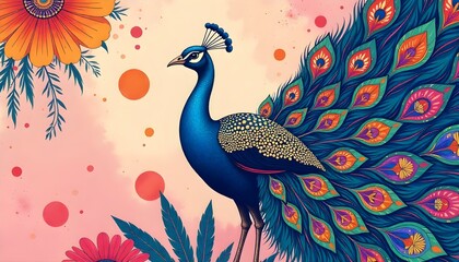 Artistic hand-drawn illustration of an exotic @bird peacock with geometric patterns, abstract background, bold colors, modern art style.