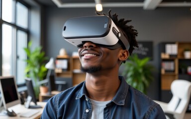 Man enjoying virtual reality experience with headset in modern office setting.