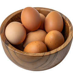 Brown eggs in a wooden bowl against a transparent background