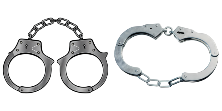 PNG Two metallic handcuffs with chains displayed on a transparent canvas.