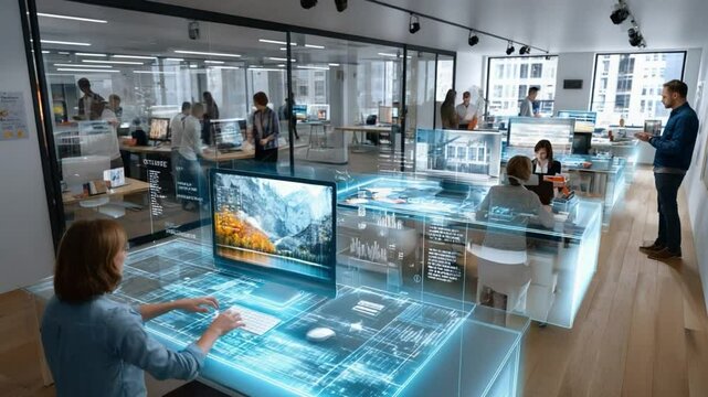 Futuristic Office Space: People immersed in a high-tech office environment, featuring advanced interfaces and a modern work environment.