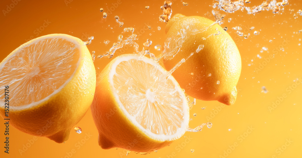 Poster slices of lemons burst into water, creating splashes against a bright orange background. the citrus 