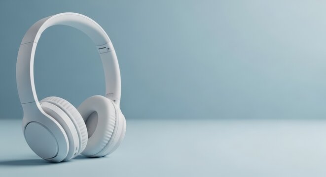 White wireless headphones on a light blue background showcasing modern technology perfect for audio and lifestyle websites