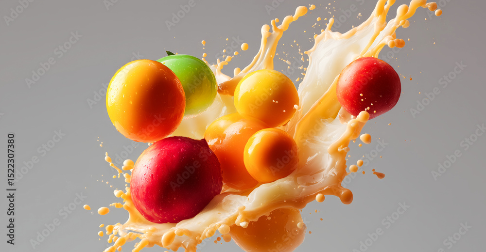 Poster Fruits like apples and oranges splash bright juice, creating a vibrant display that highlights the joy of cooking with fresh ingredients.