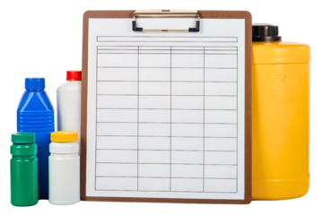 Clipboard with empty checklist next to colorful bottles isolated with transparent background