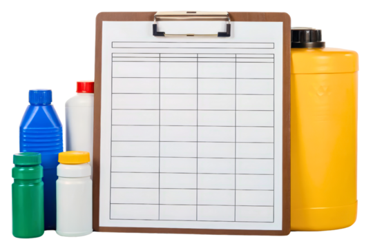 Clipboard with empty checklist next to colorful bottles isolated with transparent background