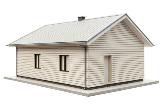 Stylish small house with a simple design and sloped roof isolated with transparent background