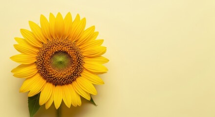 A single sunflower displaying vibrant yellow petals against a pale yellow background perfect for summer and floral designs