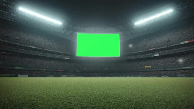A large green screen scoreboard LED in stands of a crowded soccer arena stadium with light flashes for advertisement seamless looping animation background