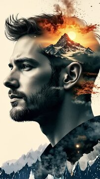 Watercolor Surreal double exposure portrait a man and Mountain Landscape - Travel concept