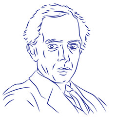 Bela Bartok. Continuous line drawing, portrait of composer. Hand drawn, vector illustration