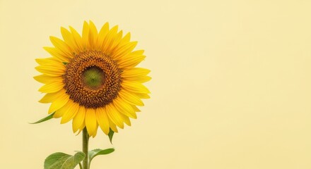 Obraz premium A single sunflower displaying vibrant yellow petals against a pale yellow background perfect for summer and floral designs