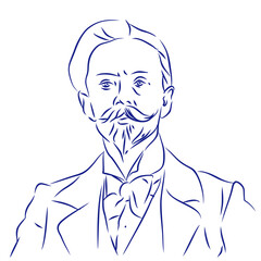 Alexander Scriabin. Continuous line drawing, portrait of composer. Hand drawn, vector illustration