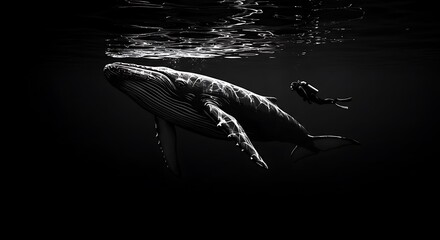 Dramatic silhouette of a whale and a diver underwater. Black sea background with white outlines, high contrast.