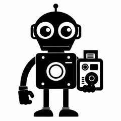 Fototapeta premium Illustration of a robot holding a camera in black halloween, vector, silhouette, illustration, horizontal, isolated assets,