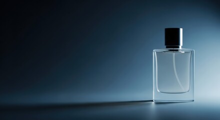 A clear glass perfume bottle with a black cap sits on a dark blue background showcasing elegance and simplicity perfect for beauty and fragrance advertising
