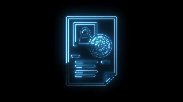 Blue neon resume with settings icon glowing in digital black background animation