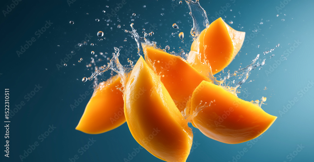 Poster Slices of ripe orange fruit leap from a surface, creating dynamic splashes as they hit water. This lively moment captures the joy of cooking and preparing fresh ingredients in a kitchen setting.