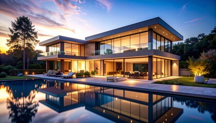 The luxurious modern house shines with golden light reflecting in the still swimming pool, showcasing its sleek architecture against a serene sunset sky backdrop.