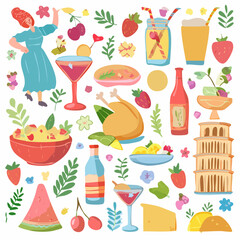 Fototapeta premium A cheerful illustration featuring a woman, diverse food items like chicken and salad, drinks including cocktails and juice, and iconic Italian elements.