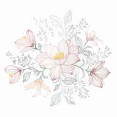 Fototapeta premium Elegant floral illustration featuring intricate line art of delicate flowers and leaves in soft pastel colors, perfect for design projects.