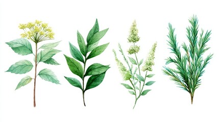 Four whimsical botanical illustrations exude autumn equinox charm, herbal folklore whispers, and elusive ancient garden mysteries