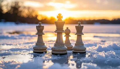 Strategic Chess Pieces on Frozen Lake at Sunset