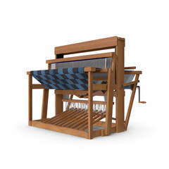 Wooden Floor Loom with Blue Checkered Fabric in Progress Isolated on Transparent Background