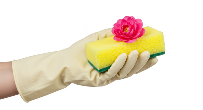 Isolated Hand with Yellow Cleaning Sponge and Pink Rose Flower on Glove