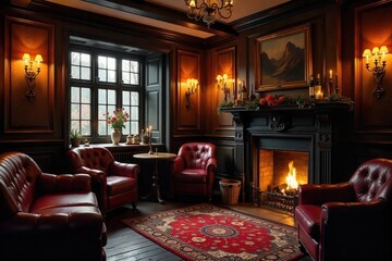 Cozy interior of a traditional English pub, warm lighting highlighting dark wood furniture and a crackling fireplace Perfect for autumn or winter themed projects , table, interior design, home