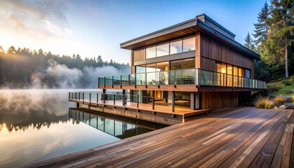 Obraz premium Modern wooden house with large reflects in calm lake water surrounded by trees under a clear blue sky on a bright sunny day creating a scenic vista.