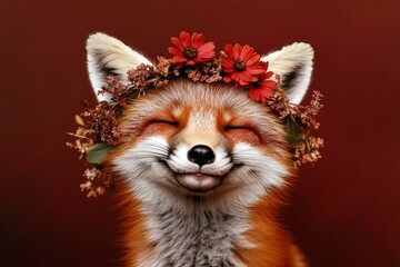 Cute baby animal fox wearing savage flower crown on its head - symbol of sunny warm season. Isolated dark red background, copy space, marketing concept graphic design.