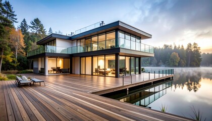 Fototapeta premium A stunning contemporary home with floor to ceiling reflecting on the serene lake under a picturesque sky showcases modern architecture perfectly.
