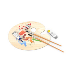 Wooden Artist Palette with Brushes, Paint Tubes, and Colorful Smudges Isolated on Transparent...