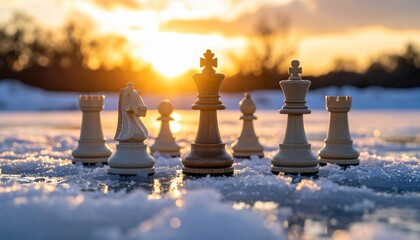 Chess Pieces on Frozen Lake at Sunset