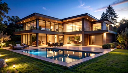 Fototapeta premium A modern luxury home with floor to ceiling overlooks a backyard pool reflecting the beautiful twilight sky, showcasing elegance and high end design.