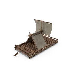 Wooden Log Raft with Sail and Shelter Structure Isolated on Transparent Background