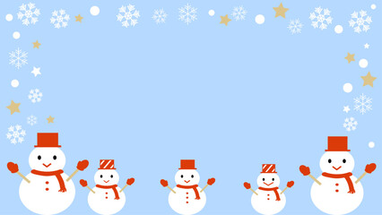 Background illustration of snowmen in a row on light blue background.