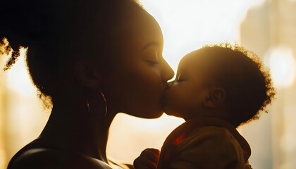 A loving mother kisses her baby.