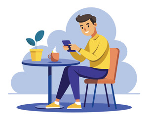 Fototapeta premium Man using phone at cafe cartoon vector illustration design