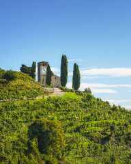 San Vigilio church on top of Prosecco vineyard hill. Col San Martino, Italy